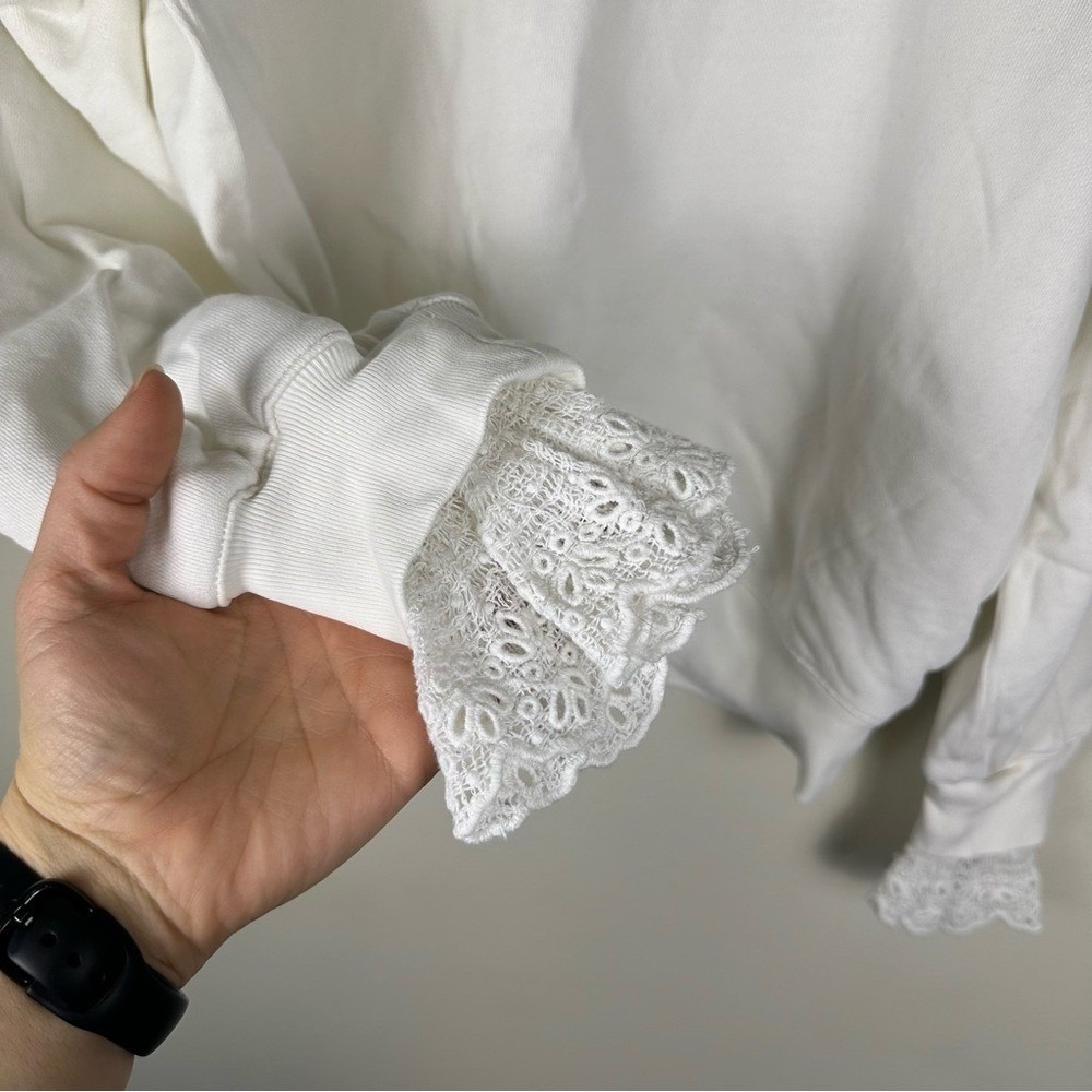 J. CREW Med Cottagecore Victorian French Terry Lace Trim White Crewneck Sweater - Picture 4 of 9